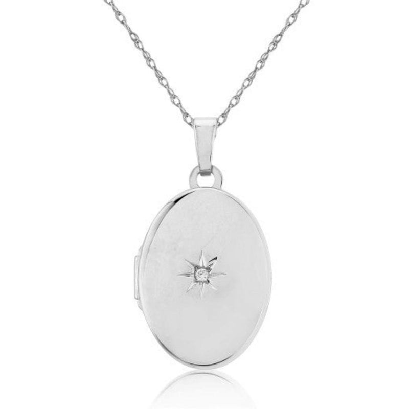 Sterling Silver Oval Diamond Locket Necklace