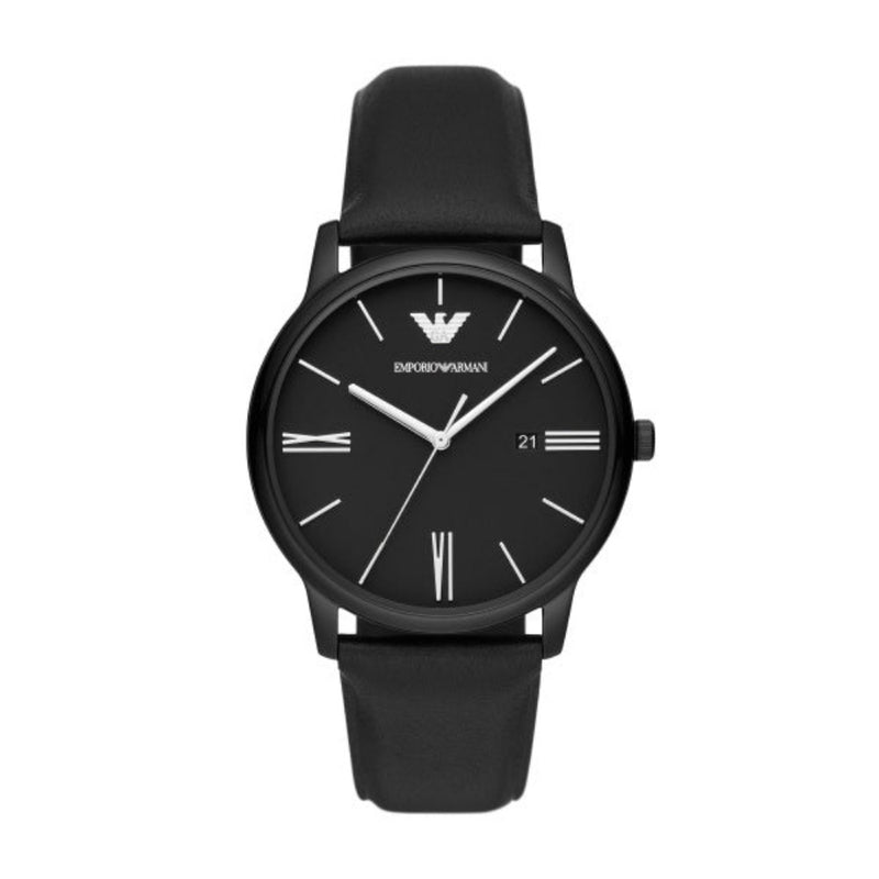 Emporio Armani Minimalist Quartz Black Dial Black Leather Strap 42mm Watch AR11573