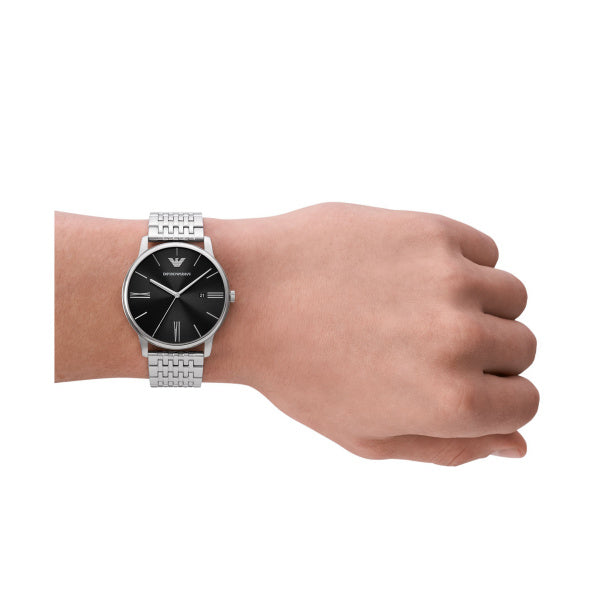 Emporio Armani Minimalist Quartz Silver Steelm Black Dial 42mm Watch AR11600
