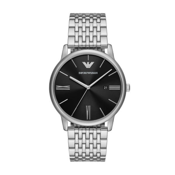 Emporio Armani Minimalist Quartz Silver Steelm Black Dial 42mm Watch AR11600