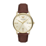 Emporio Armani Minimalist Quartz Beige Gold Dial Brown Leather Strap 42mm Watch AR11610