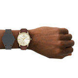 Emporio Armani Minimalist Quartz Beige Gold Dial Brown Leather Strap 42mm Watch AR11610