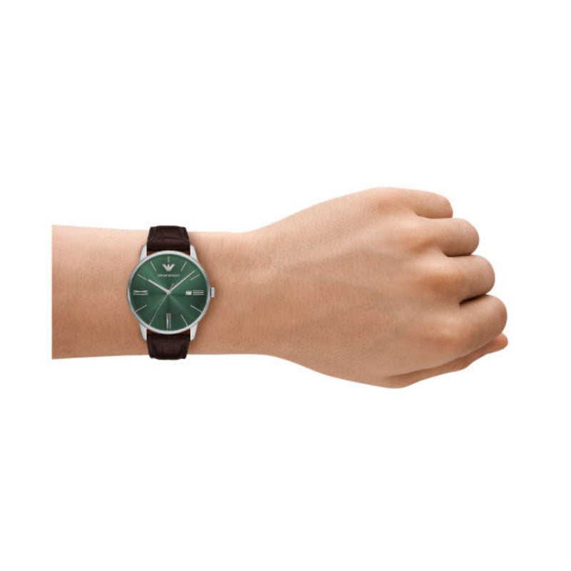 Emporio Armani Minimalist Quartz Green Dial Leather Strap 39mm Watch AR11672