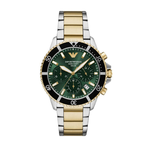 Emporio Armani World Explorer Solar Two Tone Steel Green Dial 43mm Watch AR11695