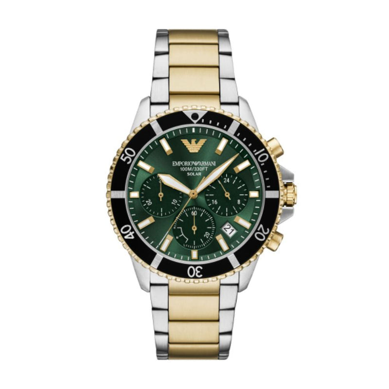 Emporio Armani World Explorer Solar Two Tone Steel Green Dial 43mm Watch AR11695