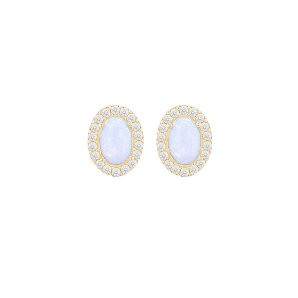 9ct Gold Oval Opal and Cubic Zirconia Stud Earrings