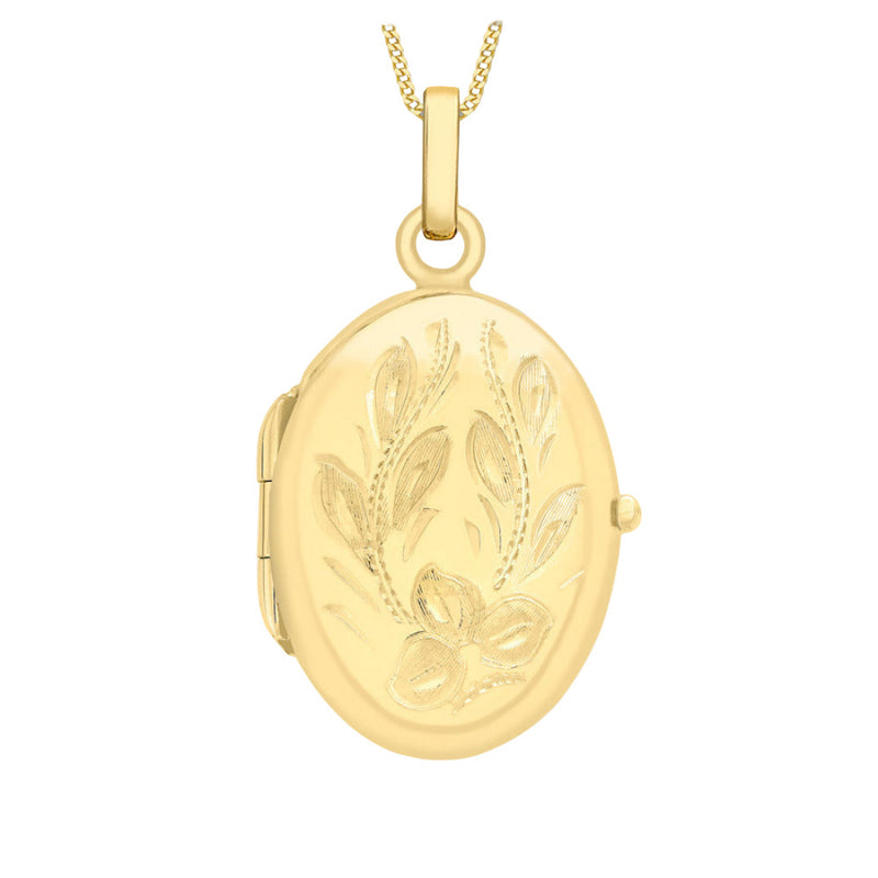 9ct Gold Engraved Flower Oval Locket