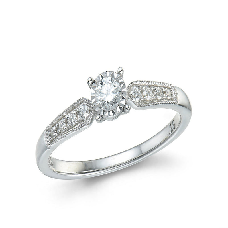 9ct White Gold Solitaire & Millgrain Channel Diamond Ring