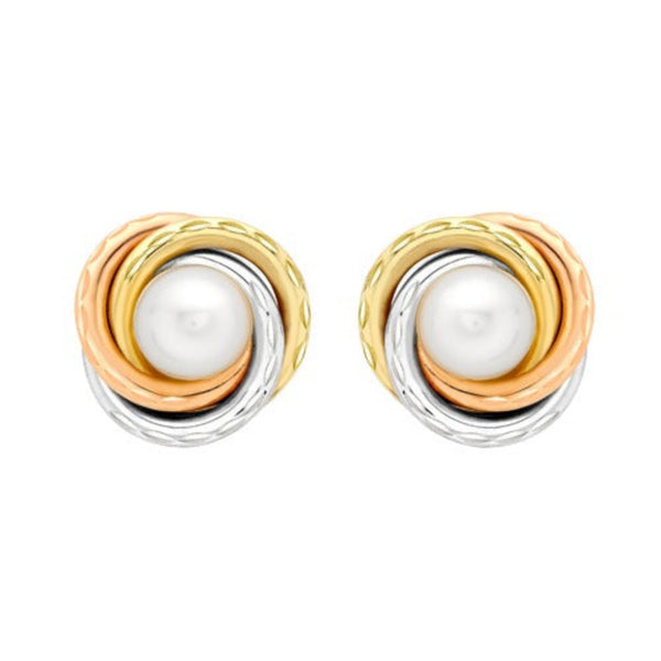 9ct Three Tone Gold Cultured Pearl Knot Stud Earrings