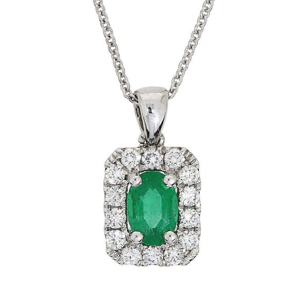 18ct White Gold Diamond and Oval Emerald Necklace