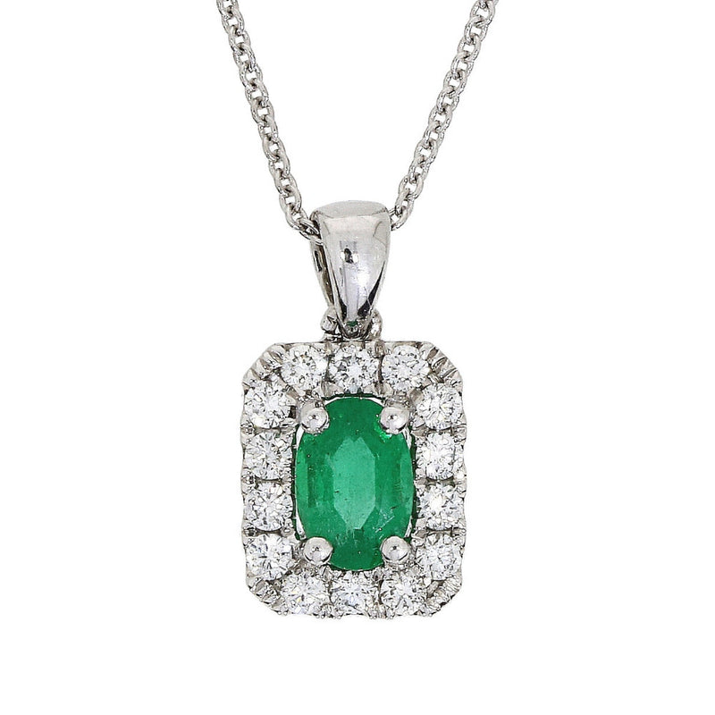 18ct White Gold Diamond and Oval Emerald Necklace