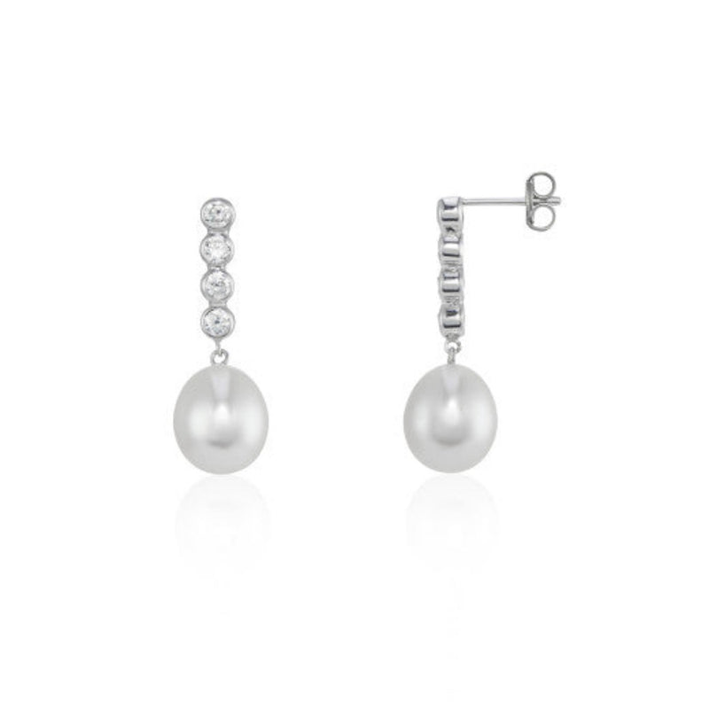 9ct White Gold Cubic Zirconia and Cultured Pearl Drop Earrings