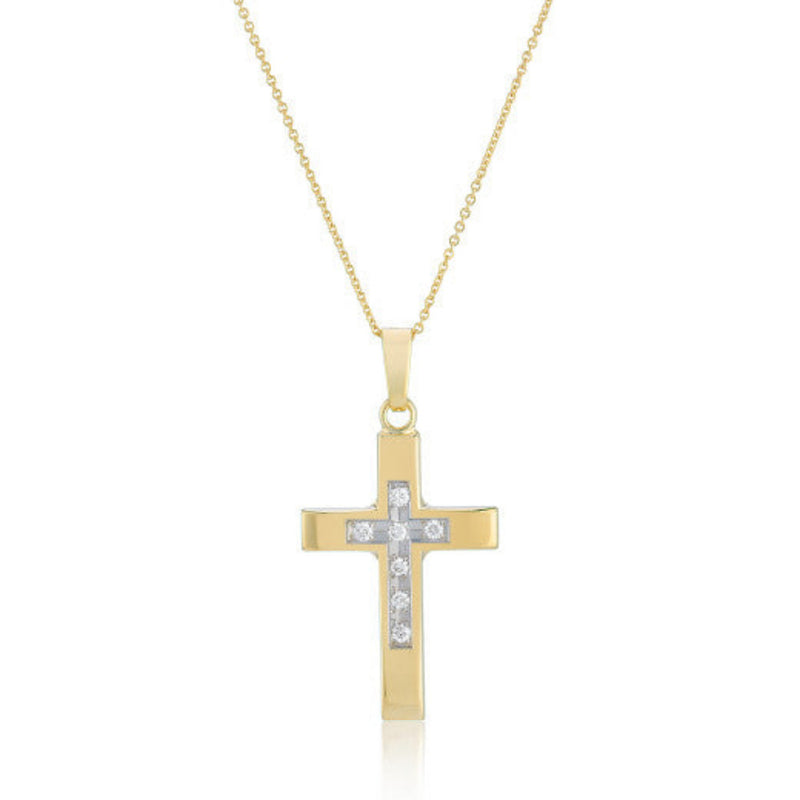 9ct Two Tone Gold Bevelled Edge Diamond Cross Necklace