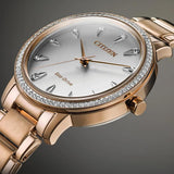 Citizen Silhouette Crystal Eco-Drive Rose Gold Steel Silver Dial 36mm Watch FE7043-55A