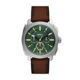 Fossil Machine Quartz Green Dial Brown Leather Strap 44m Watch FS6100
