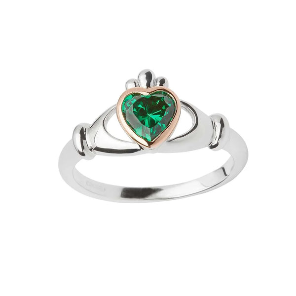 House of Lor Silver & Rose Gold Heart Green Stone Claddagh Ring