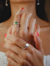 House of Lor Silver & Rose Gold Heart Green Stone Claddagh Ring