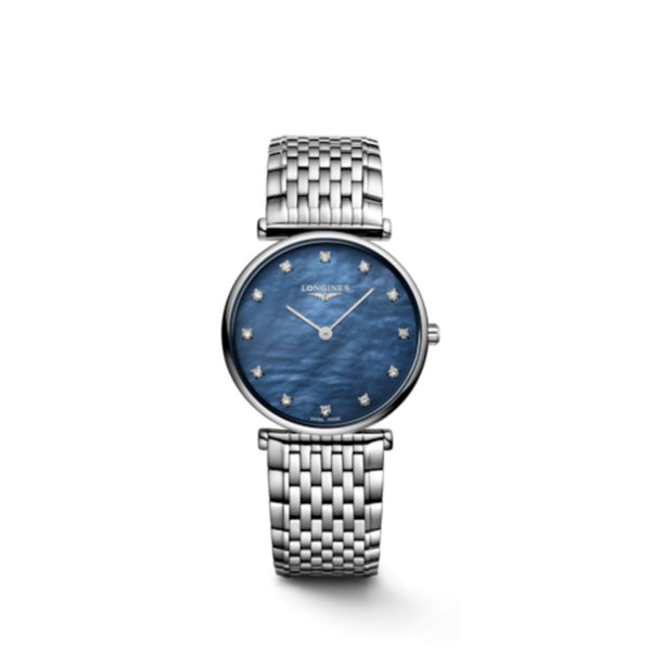 Longines La Grande Classique Quartz Silver Steel Blue Mother of Pearl Dial 29mm Diamond Watch L45124816