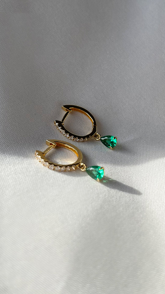 Carat London Leni Sterling Silver Gold Plated Emerald Hoop Earrings