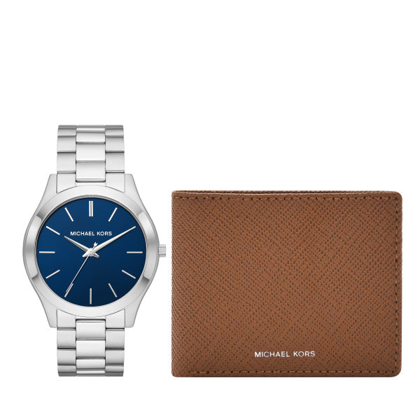 Michael Kors Runway Silver Steel Blue Dial 44mm Watch Box Set MK1060Set