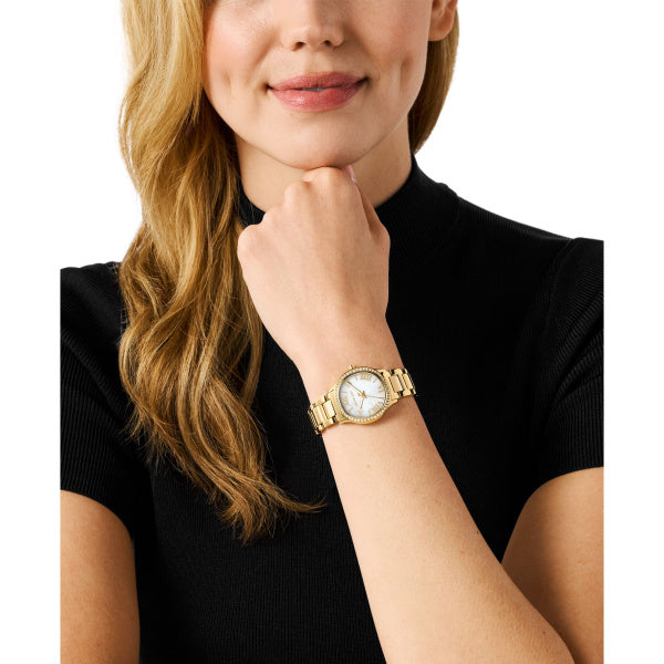 Michael Kors Sage Pave Quartz Mother of Pearl Dial 31mm Ladies Watch M Bannon Jewellers