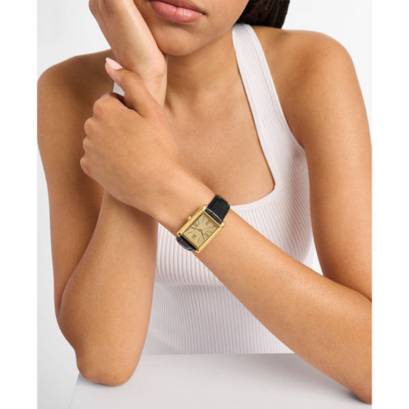 Michael Kors Essex Quartz Gold Tone Steel Black Leather Strap 26mm Watch MK4965