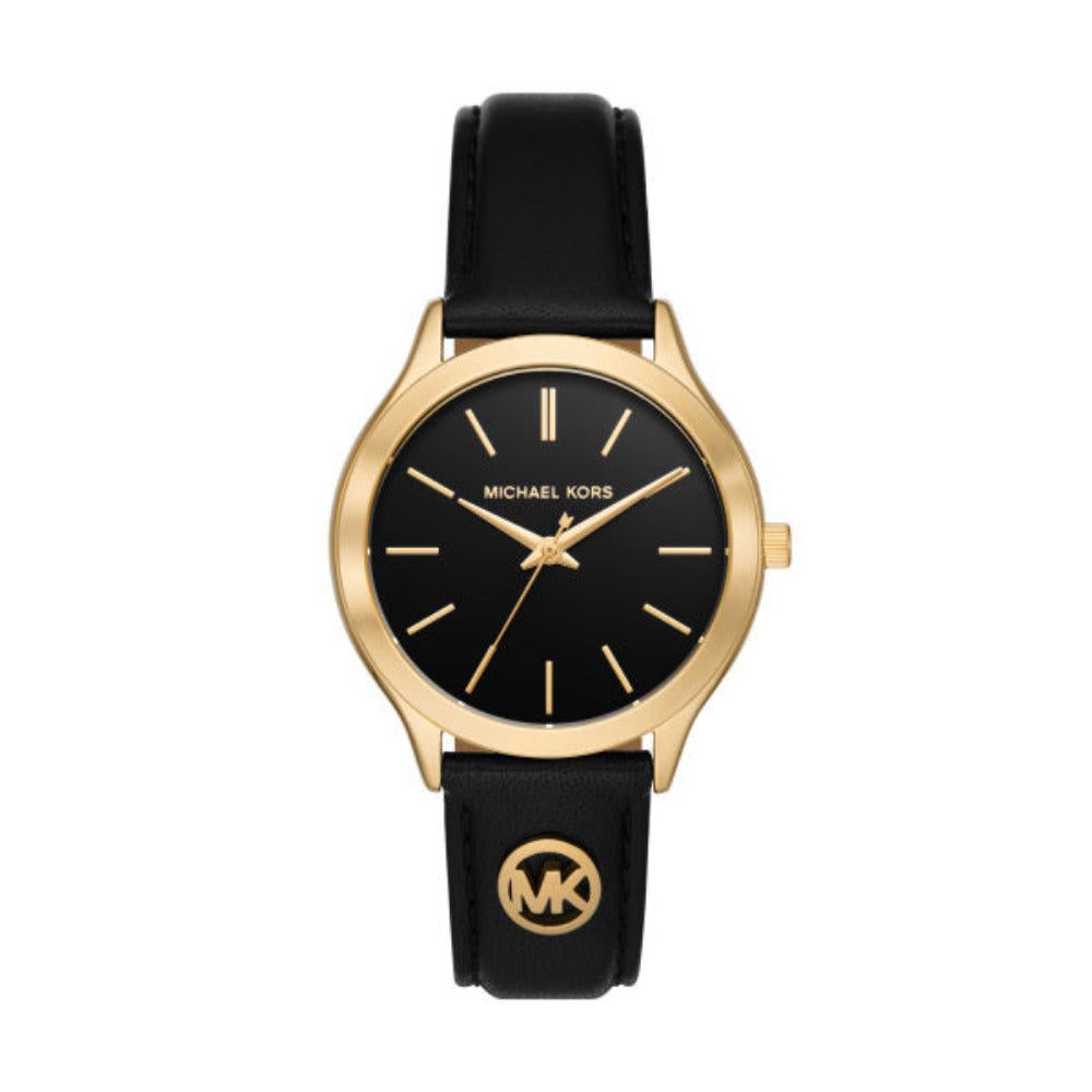 Michael Kors Slim Runway Quartz Black Dial Black Leather Strap 38mm Wa ...