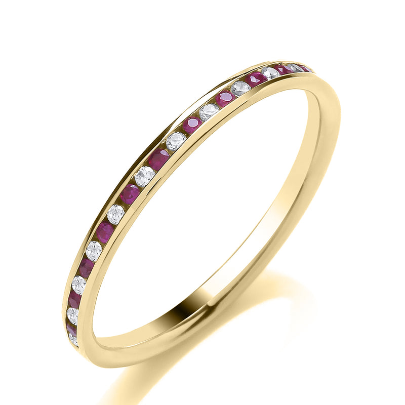 9ct Gold Channel Set Sapphire / Ruby and 0.13ct Diamond Ring