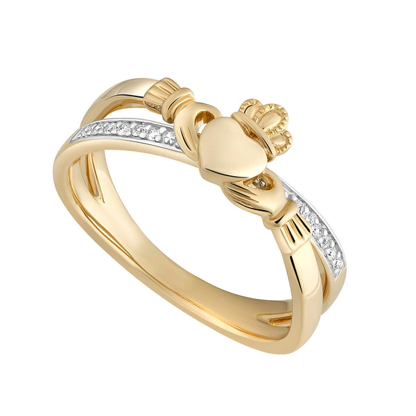 14ct Gold 0.06ct Diamond Claddagh Crossover Ring