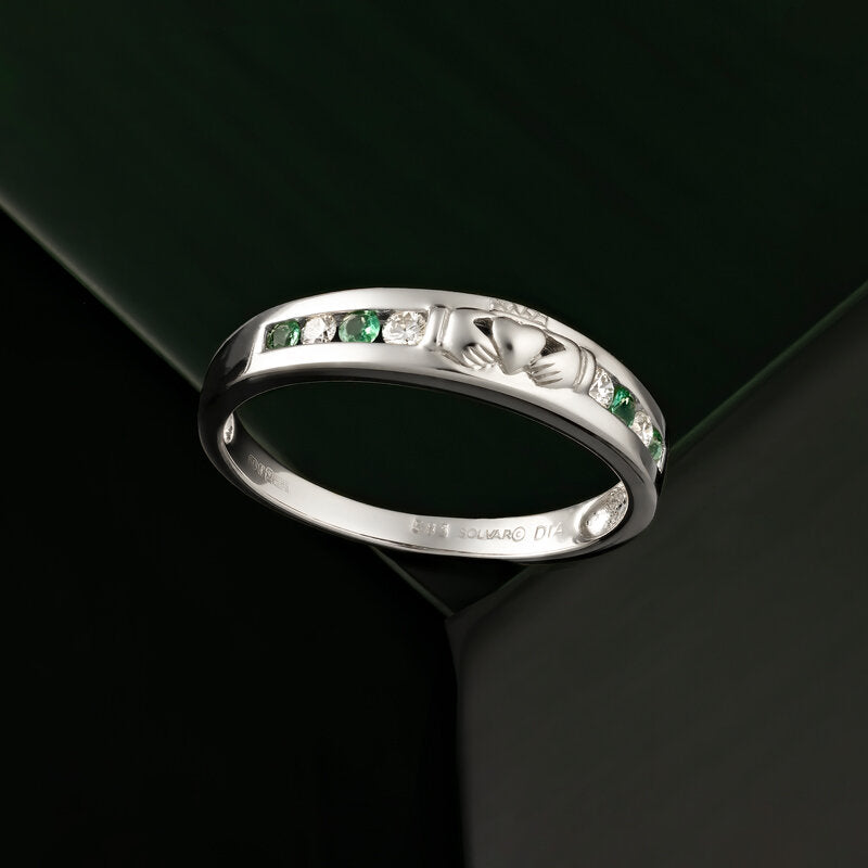 14ct Gold 0.15ct Diamond and Emerald Claddagh Eternity Ring