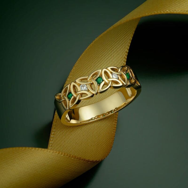 14ct Gold 0.06ct Diamond and Emerald Trinity Knot Ring