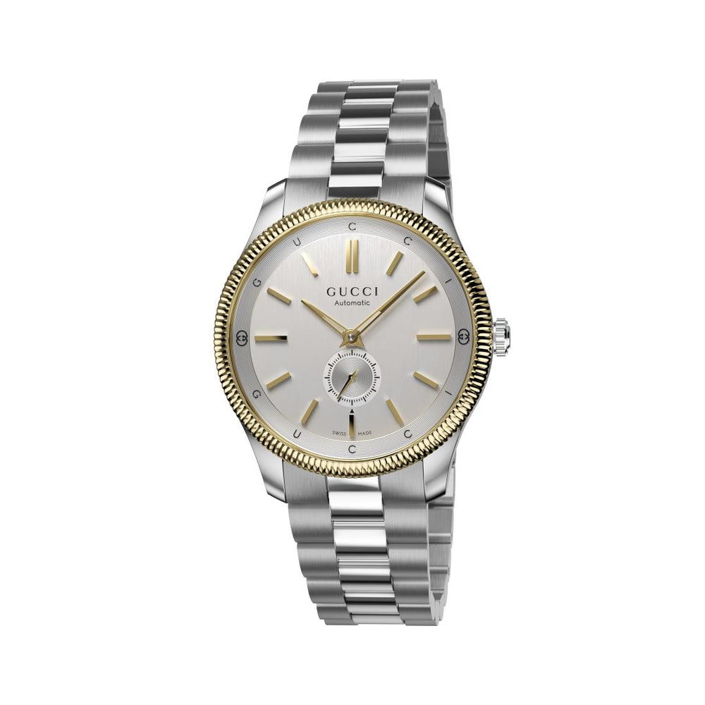 Gucci G-Timeless Automatic Gold Plated Bezel Silver Dial 40mm