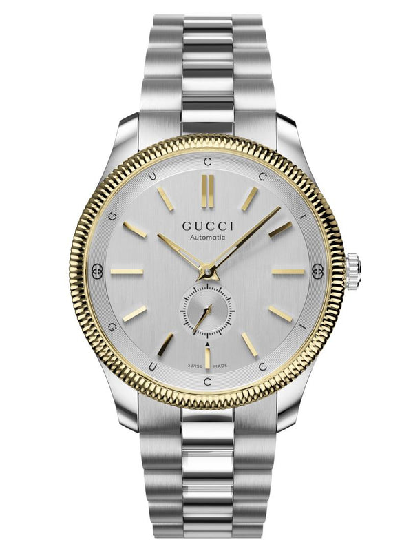 Gucci G-Timeless Automatic Gold Plated Bezel Silver Dial 40mm Watch YA126390