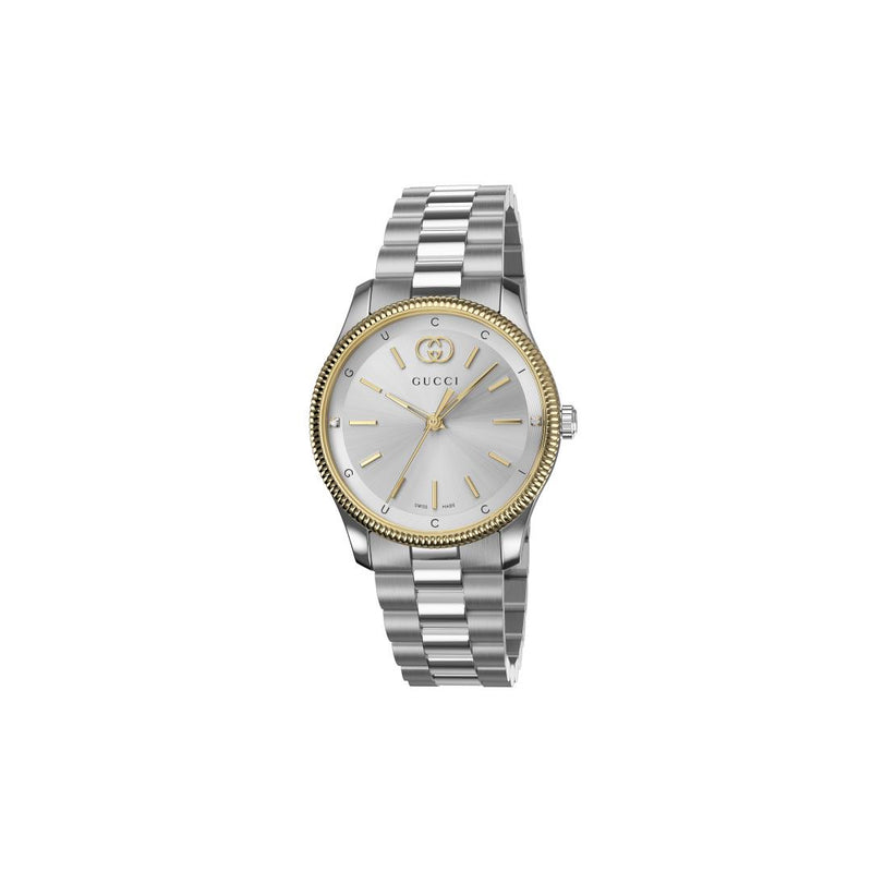 Gucci G-Timeless Quartz Gold Plated Bezel Silver Dial 29mm Diamond Ladies Watch YA1265063