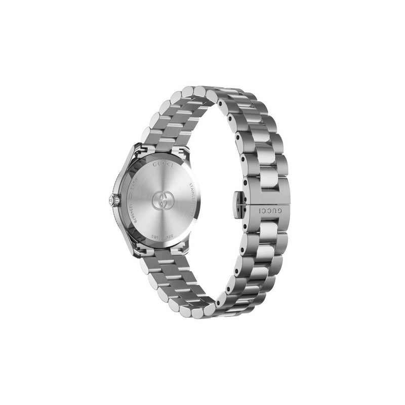 Gucci G-Timeless Quartz Gold Plated Bezel Silver Dial 29mm Diamond Ladies Watch YA1265063