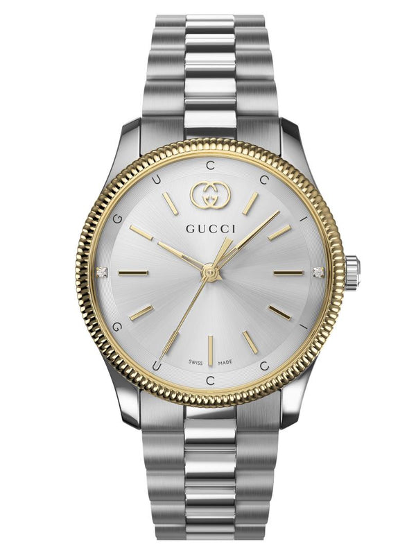 Gucci G-Timeless Quartz Gold Plated Bezel Silver Dial 29mm Diamond Ladies Watch YA1265063