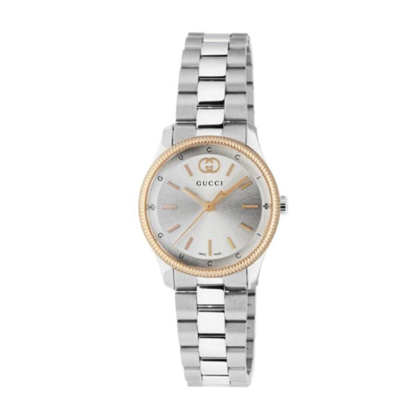 Gucci G-Timeless Quartz Pink Gold Tone Bezel Silvee Dial 29mm Watch YA1265070