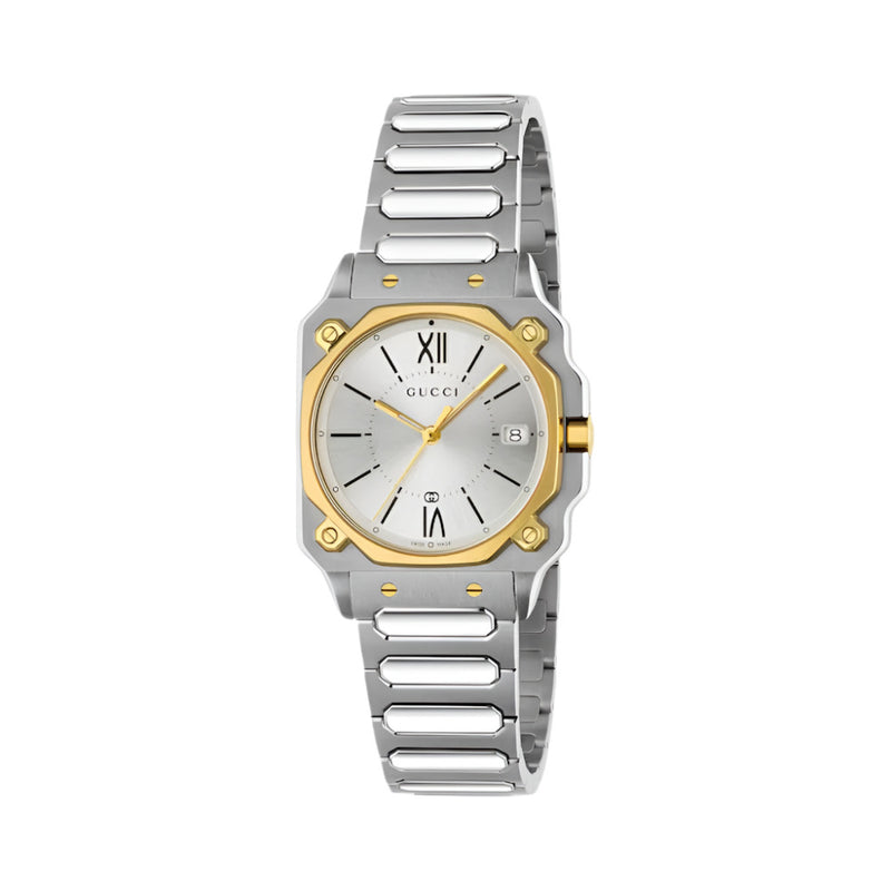 Gucci G-Flat Quartz Silver Tone with Yellow Gold PVD 30mm Watch YA166506