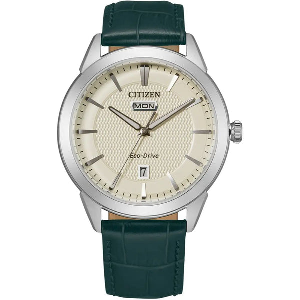 Citizen Corse Eco-Drive Green Leather White Dial 40mm Mens Watch AW0090-11Z