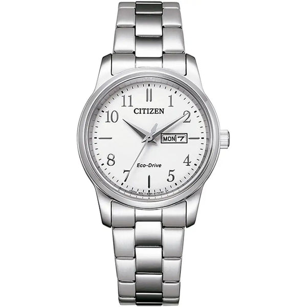 Citizen Eco Drive 30mm White Dial Leather Silver Steel Ladies Watch EW3261-57A