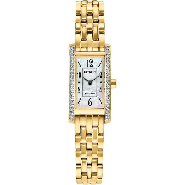Citizen Petite Palidoro Eco-Drive Gold Tone Steel Mother of Pearl Dial 28x14mm Ladies Crystal Watch EG7112-59D