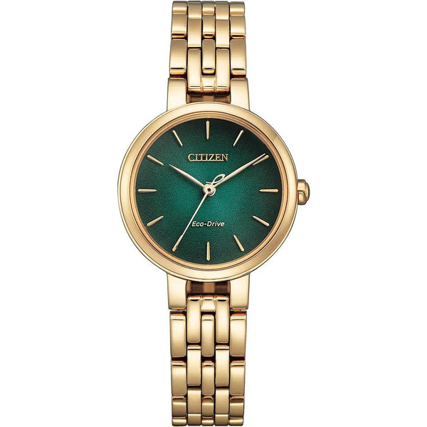 Citizen Eco-Drive Silhouette Rose Gold Steel Green Dial 28mm Ladies Watch EM0993-8ZZ