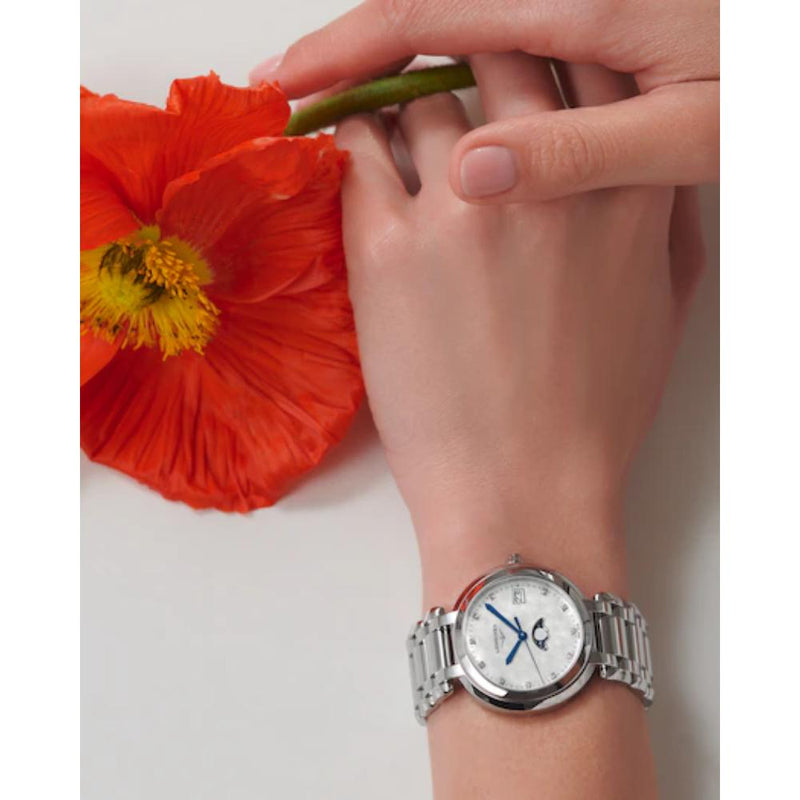 Longines PrimaLuna Moonphase Quartz White Mother of Pearl Dial 34mm Diamond Watch L81164876