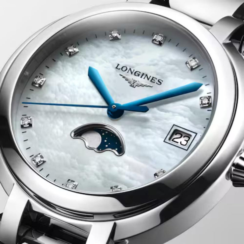 Longines PrimaLuna Moonphase Quartz White Mother of Pearl Dial 34mm Diamond Watch L81164876
