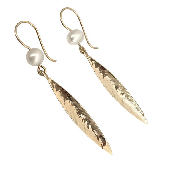 Martina Hamilton Leaf and Pearl 9ct Gold Drop Earrings