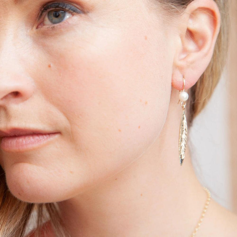 Martina Hamilton Leaf and Pearl 9ct Gold Drop Earrings