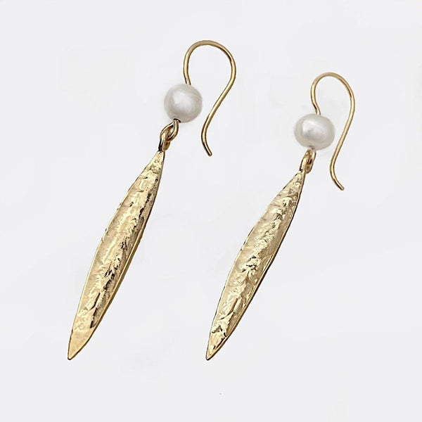 Martina Hamilton Leaf and Pearl 9ct Gold Drop Earrings