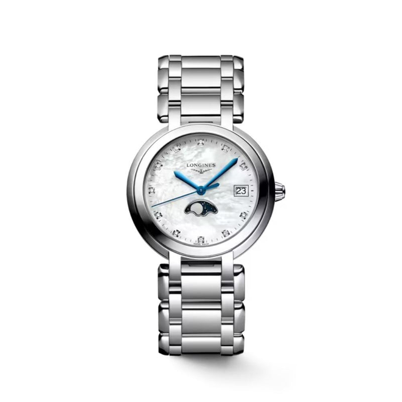 Longines PrimaLuna Moonphase Quartz White Mother of Pearl Dial 34mm Diamond Watch L81164876