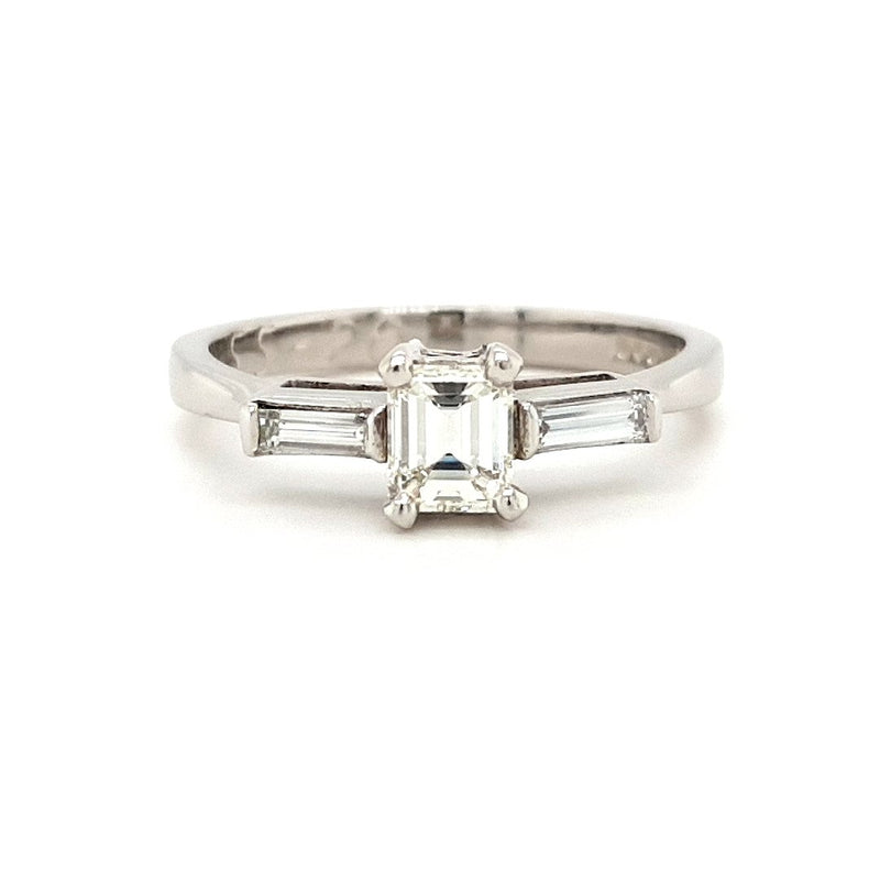 Platinum Emerald and Baguette Diamond Engagement Ring
