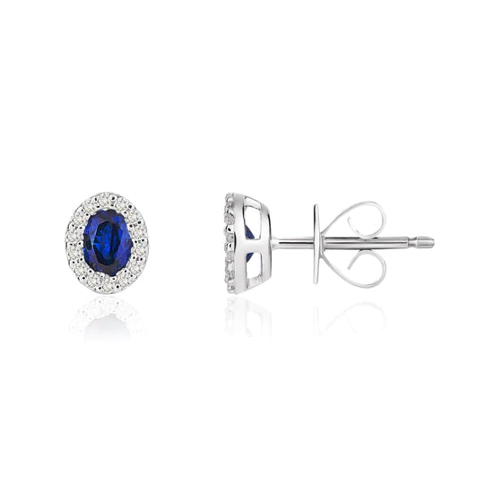 18ct White Gold Oval Sapphire & Diamond 4mm x 3mm Cluster Stud Earrings